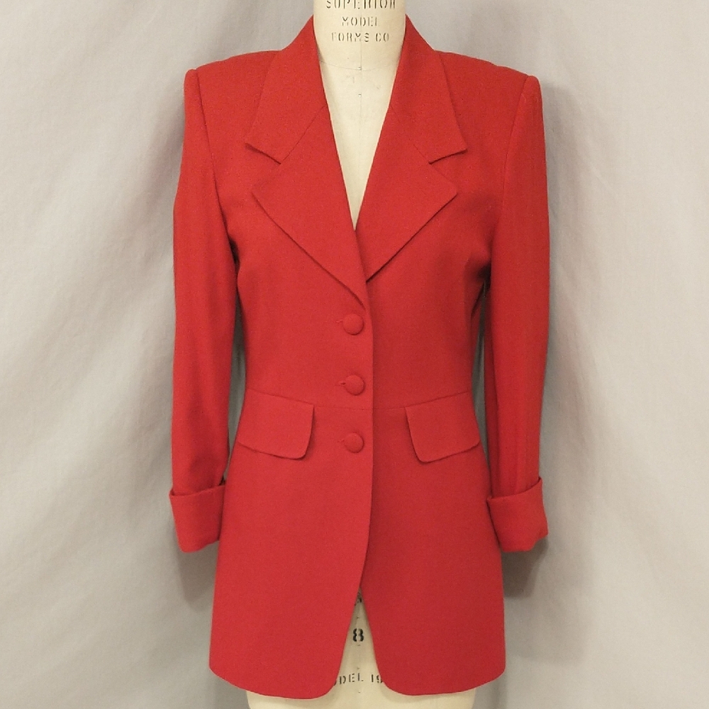Long Red Womens Blazer Wool Blend Crepe USA Made Elevated Menswear Style Vintage